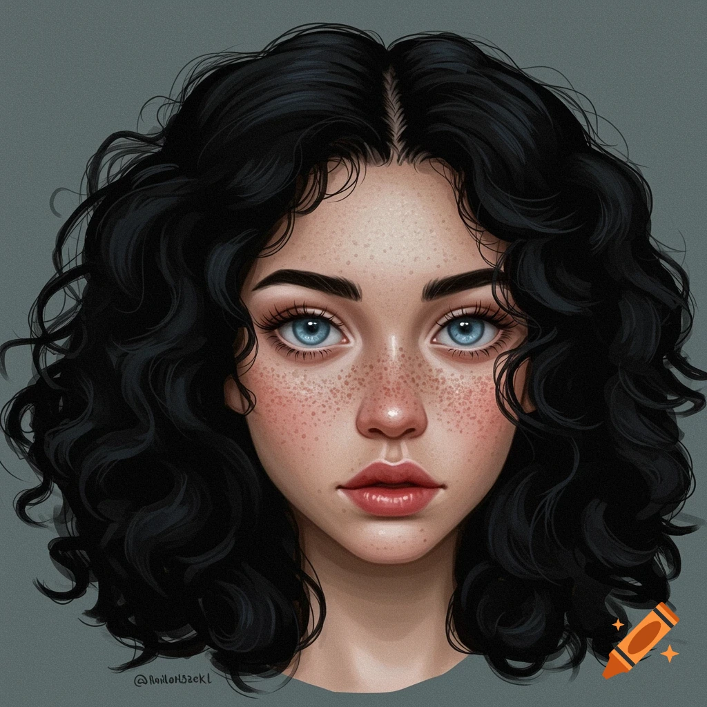Portrait of a woman with curly black hair, blue eyes, and freckles.