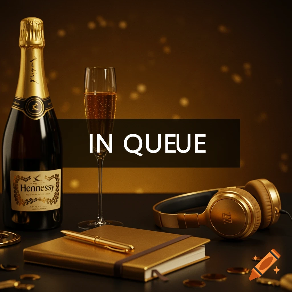 Realistic still life with a Hennessy bottle, glass, notebook, headphones on a table. Text overlay reads "IN QUEUE".