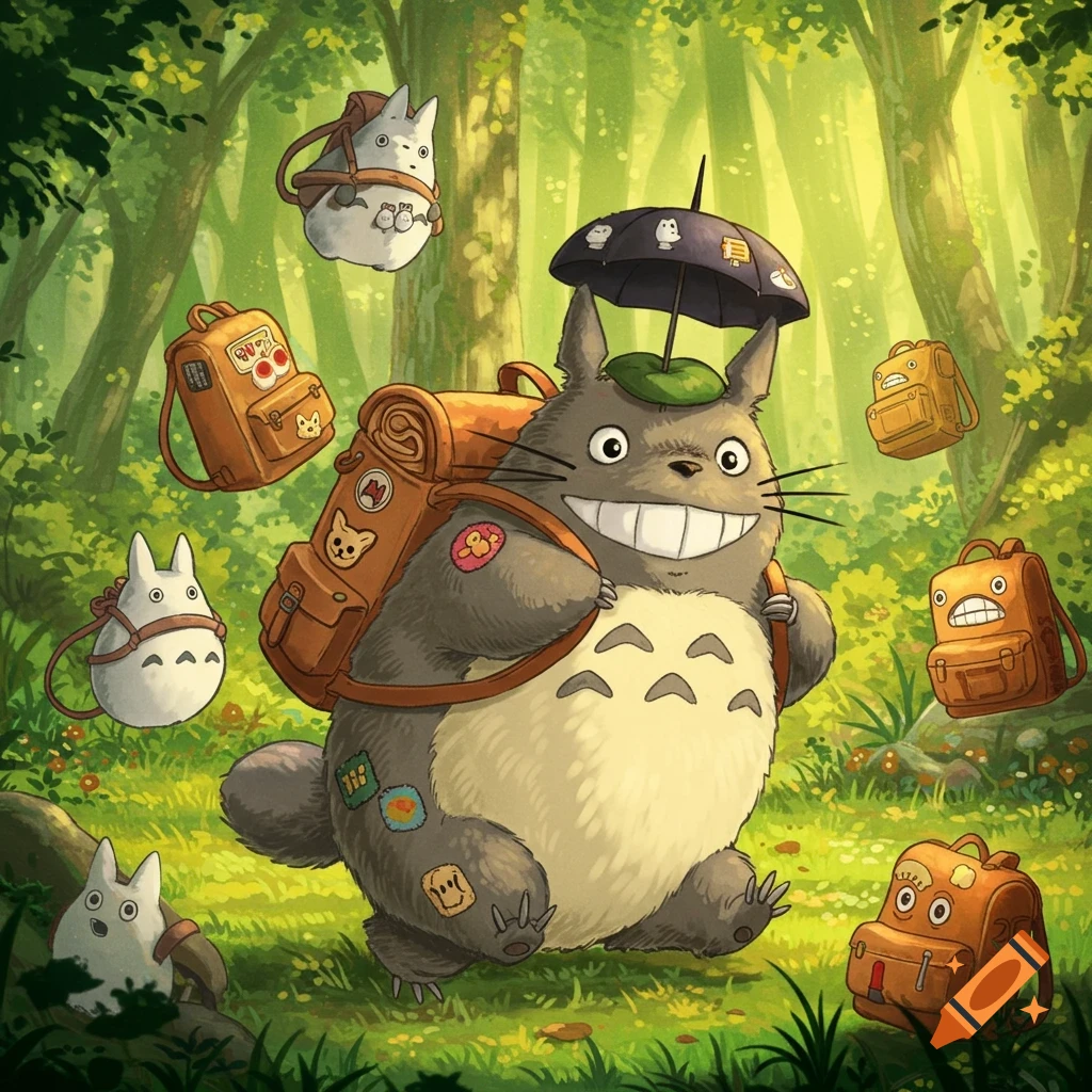 Totoro and smaller creatures with backpacks walk through a forest.