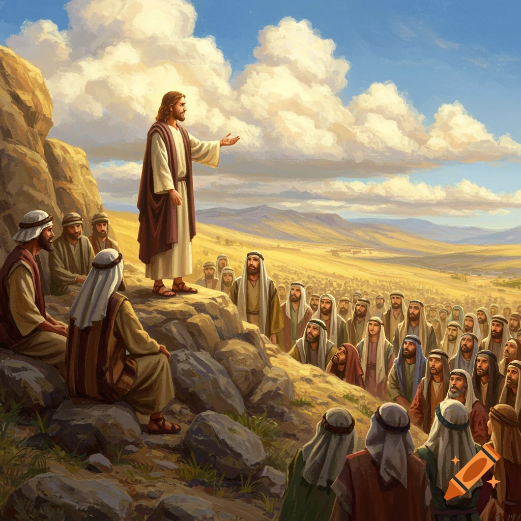 Image of Jesus teaching a large crowd on a mountainside under a bright sky.