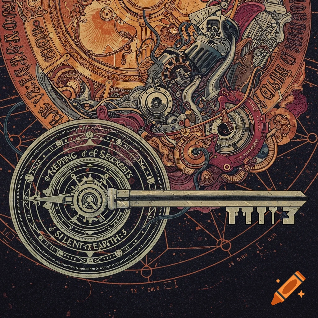 Complex mechanical and organic clockwork-like designs featuring large circular elements and a key in a steampunk style.