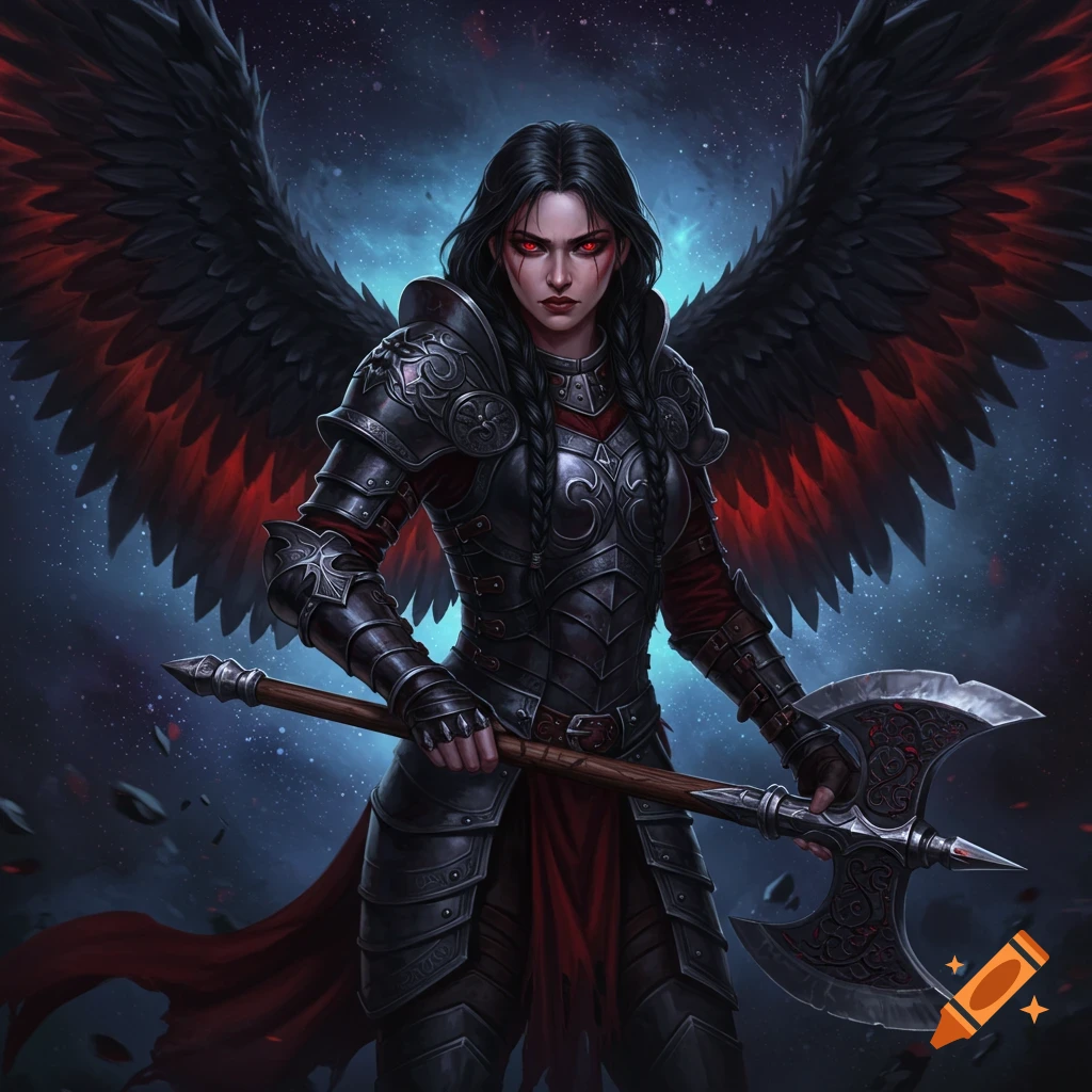 a warrior woman with black wings, red eyes, and an axe against a dark sky.