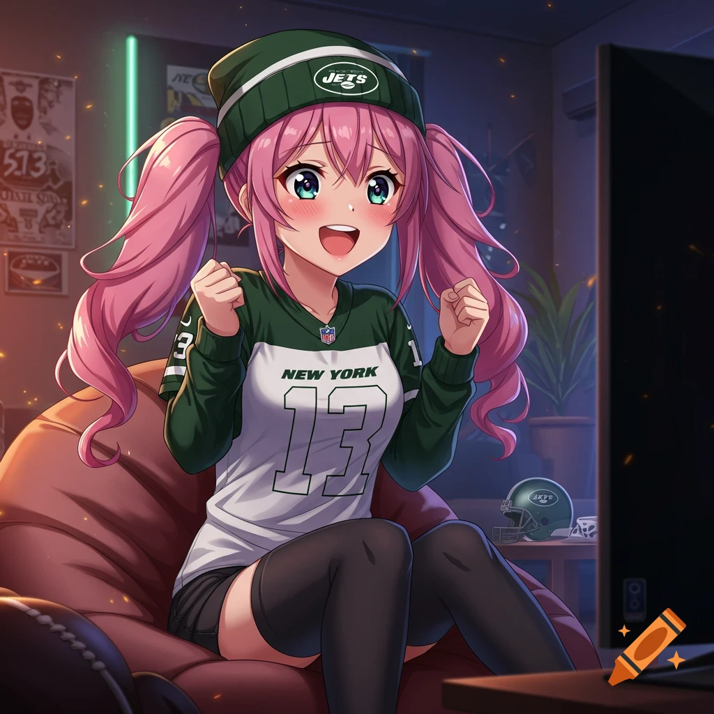 Anime girl in New York Jets gear watching a game.