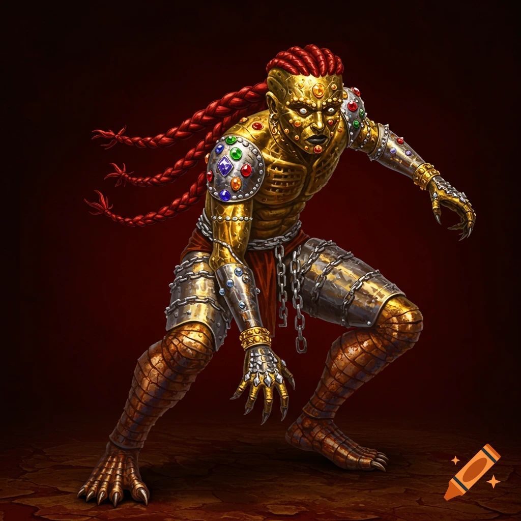 A scary humanoid creature with gold and silver skin, red braided hair, gems, armor, and scaly reptilian legs.