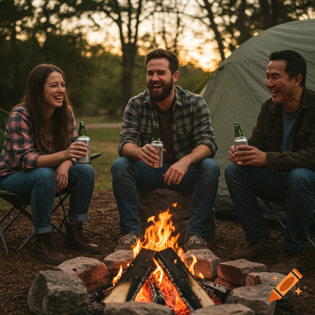 Three friends sit around a campfire at dusk, laughing and holding beers.