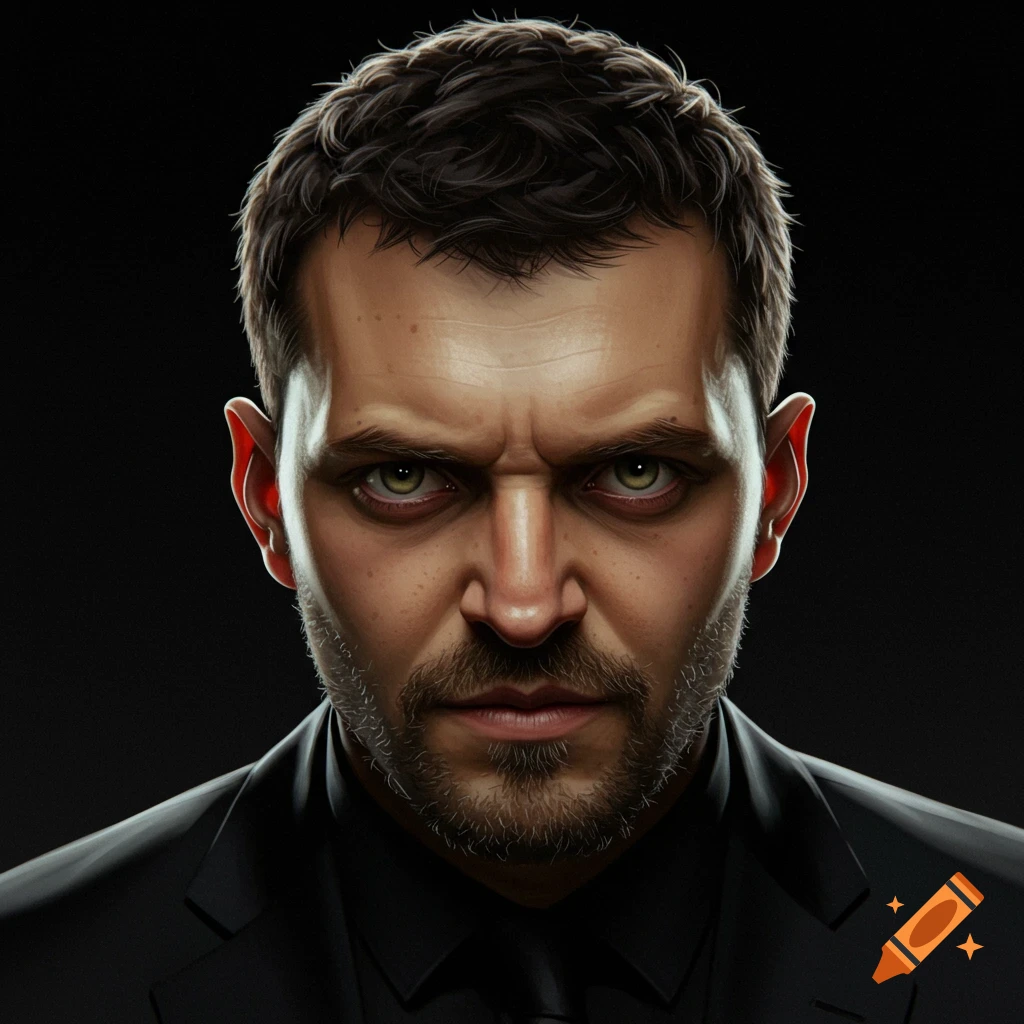 Close-up of a man in a black suit with green eyes and stubble.