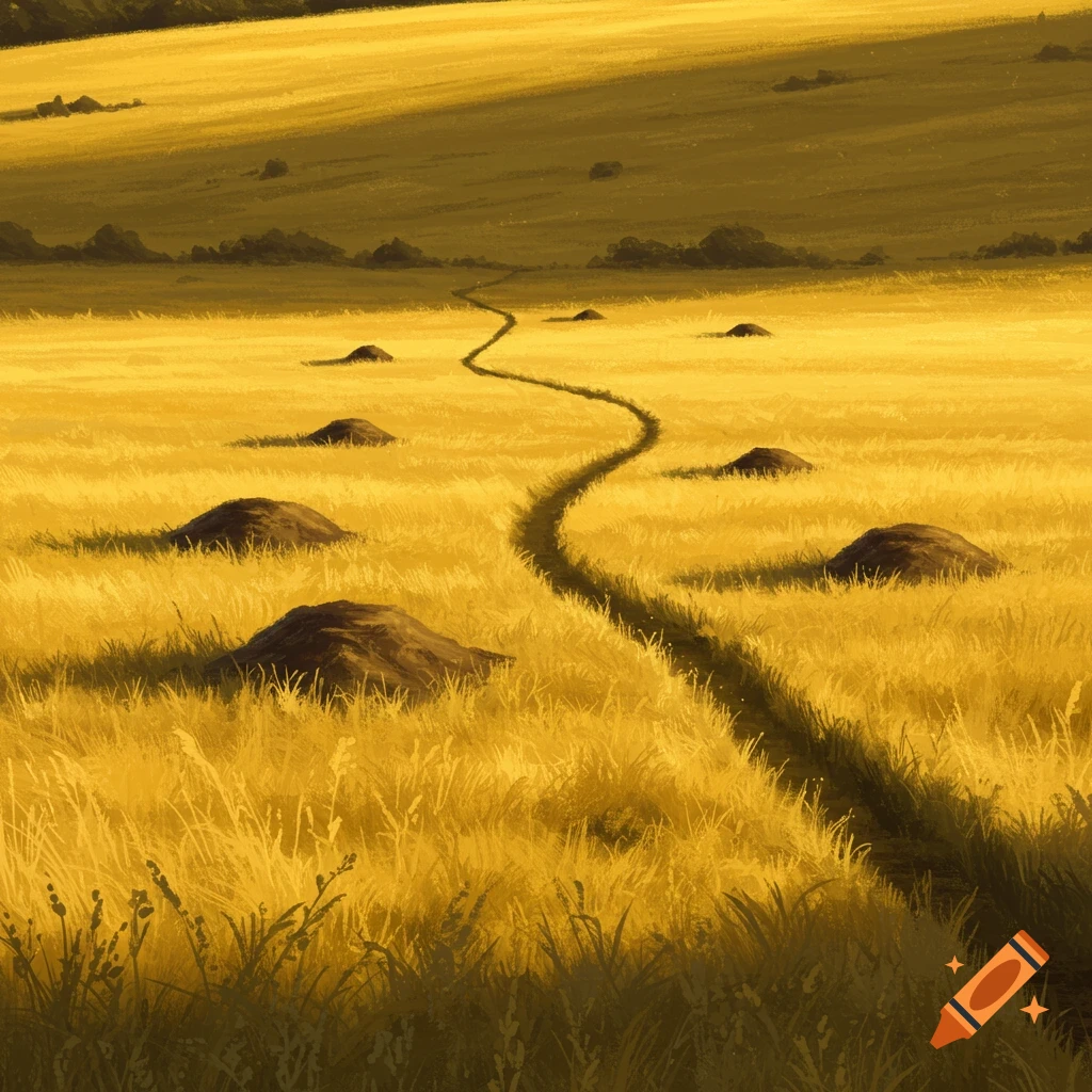 A winding path crosses a golden field with mounds, digitally painted.