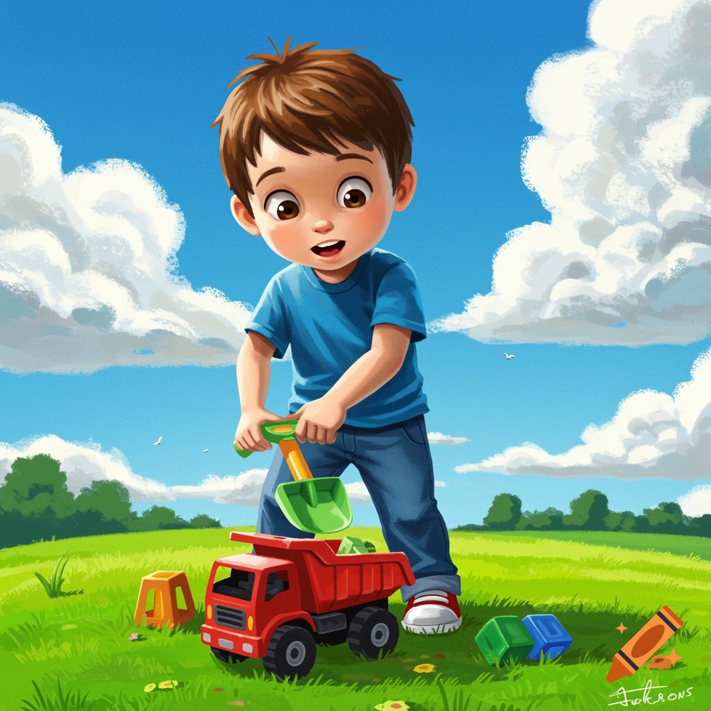 A young boy playing with a toy truck and shovel in a sunny grassy field.