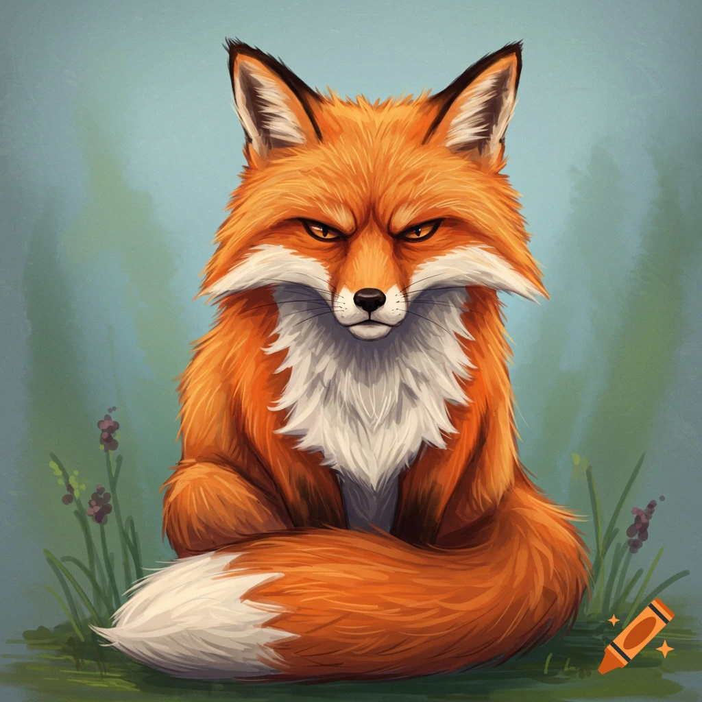 A grumpy-looking fox sitting in grass.