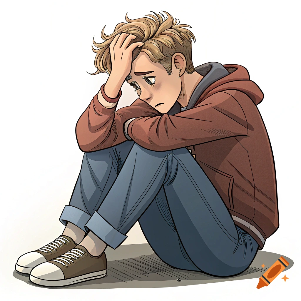 Illustration of a young man in a red hoodie and jeans sitting on the ground, looking stressed with his head in his hand.
