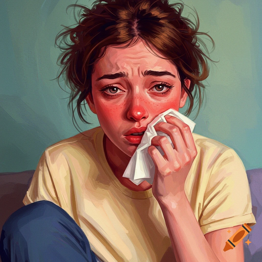A person with tearful eyes, red blotchy skin, and a red nose, holding a tissue.