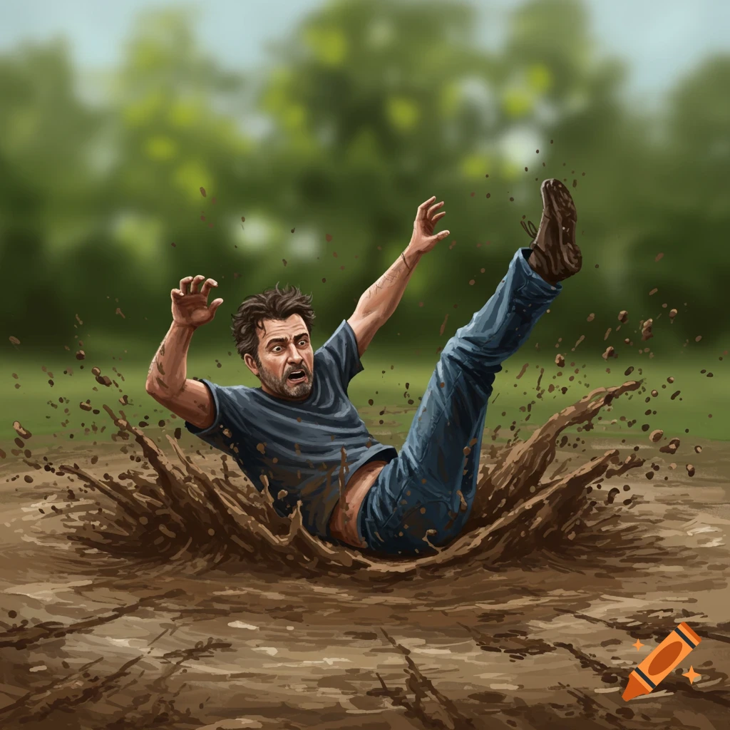 A man falling backward into a splash of mud.