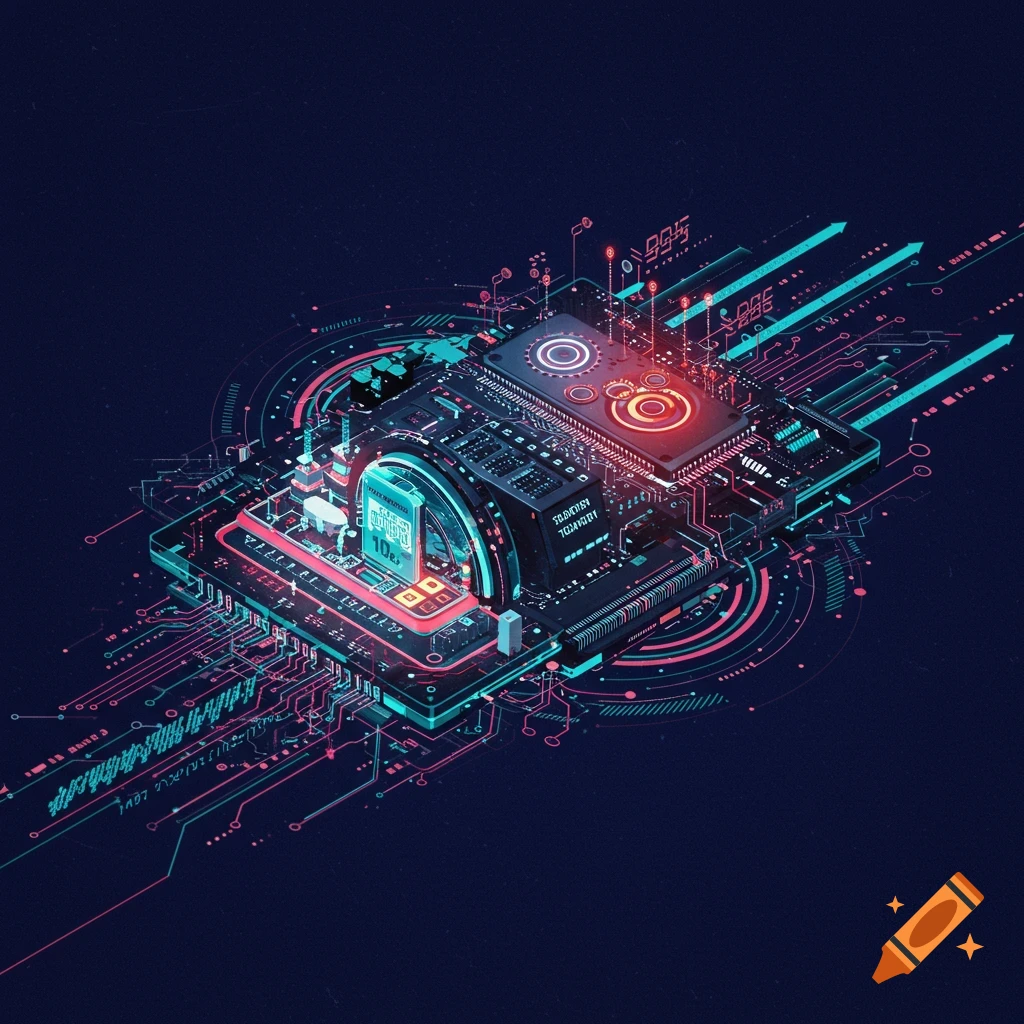 An isometric view of a futuristic circuit board with glowing lights and intricate digital patterns.