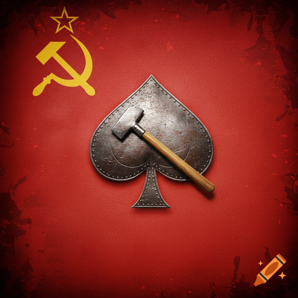 A red background featuring a hammer and sickle, alongside a metallic spade with a hammer resting on it.