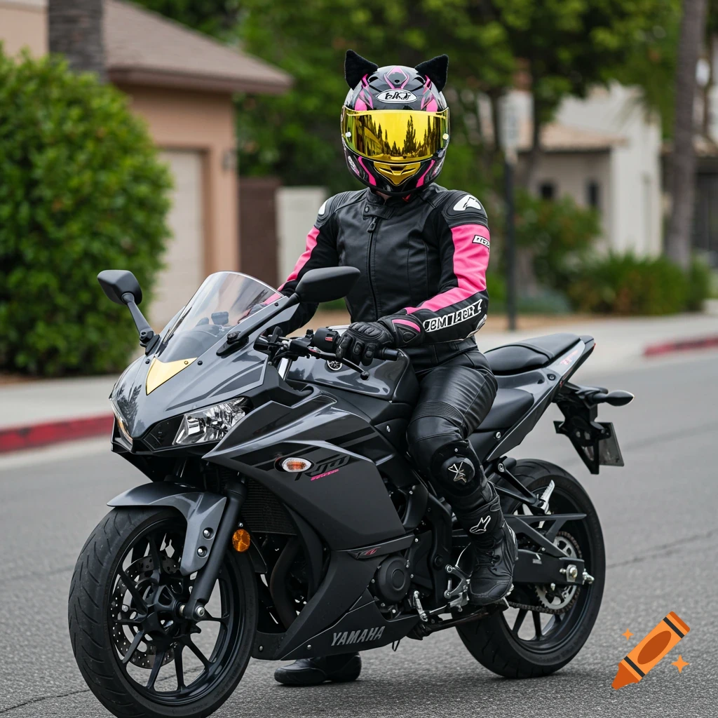 A person sits on a Yamaha R3 motorcycle wearing pink and black gear and a helmet with cat ears.