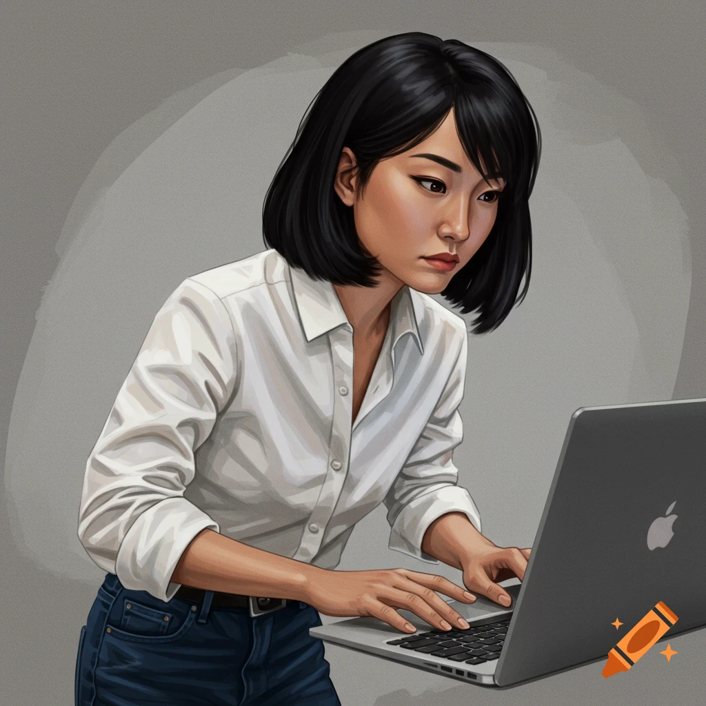 A woman working on a laptop.