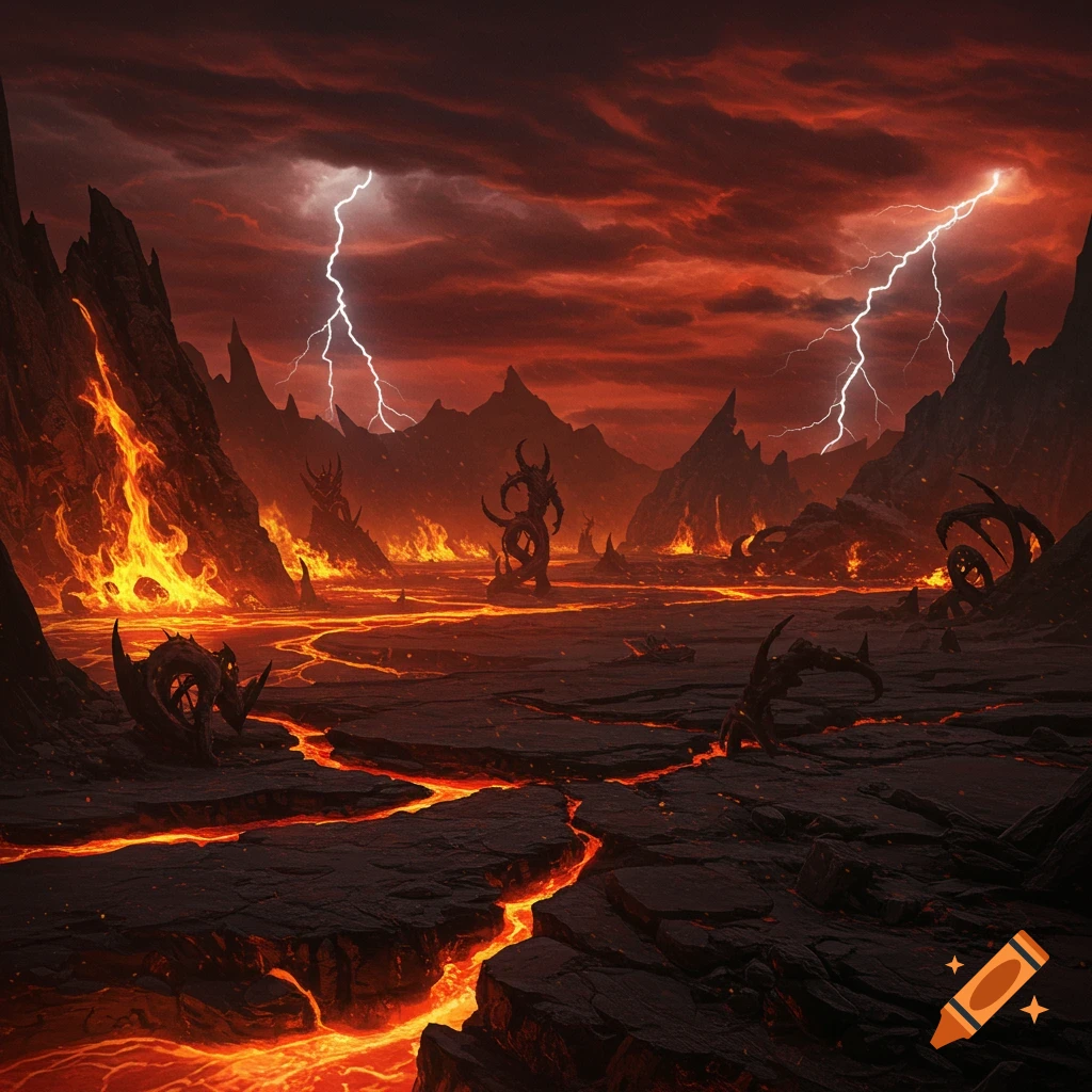 A hellish landscape with rivers of lava, jagged mountains, strange dark structures, and lightning in a fiery red sky.