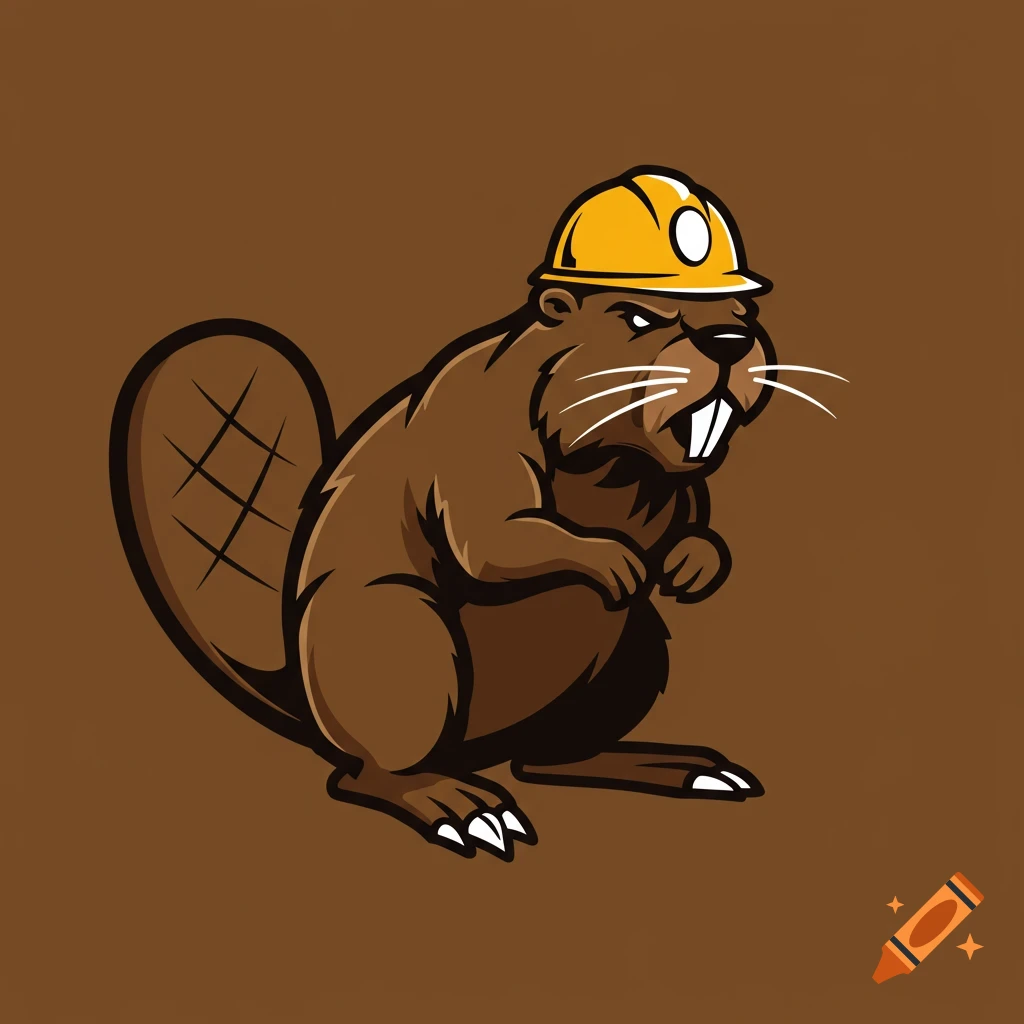 An illustrated beaver wearing a yellow hardhat, depicted in a flat, stylized sports team logo style.