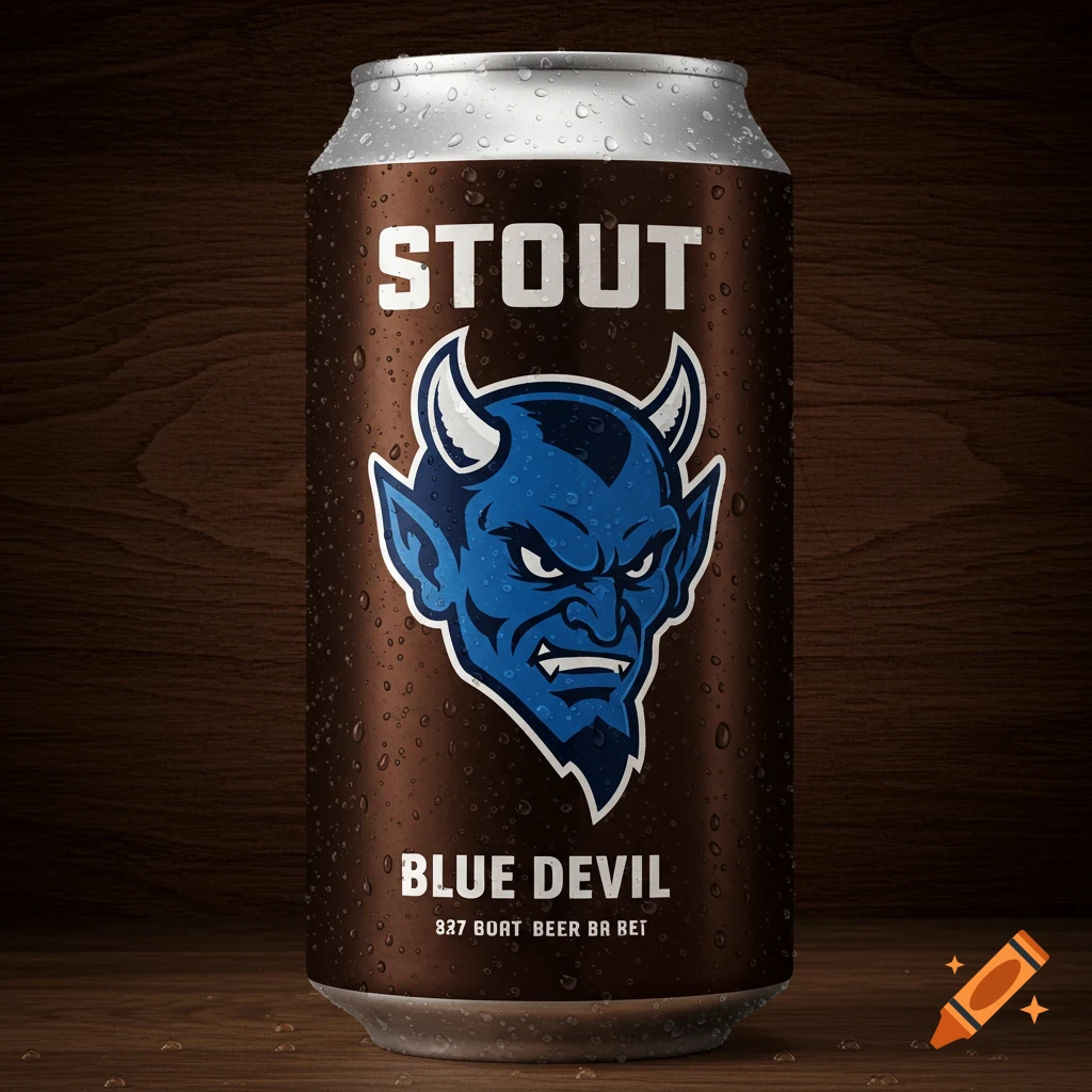 A stout beer can with a blue devil logo on a wooden surface.