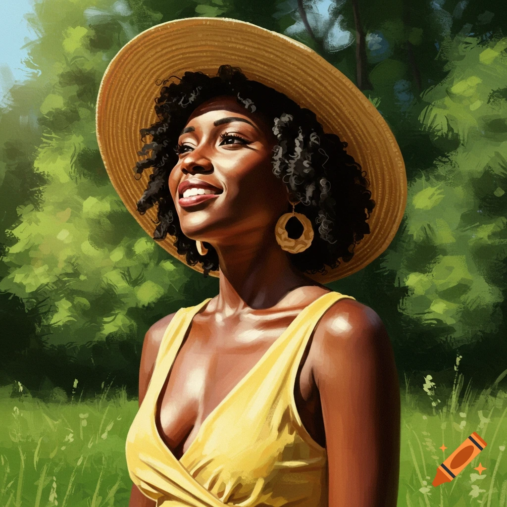A Black woman in a straw hat and yellow dress is smiling outdoors.