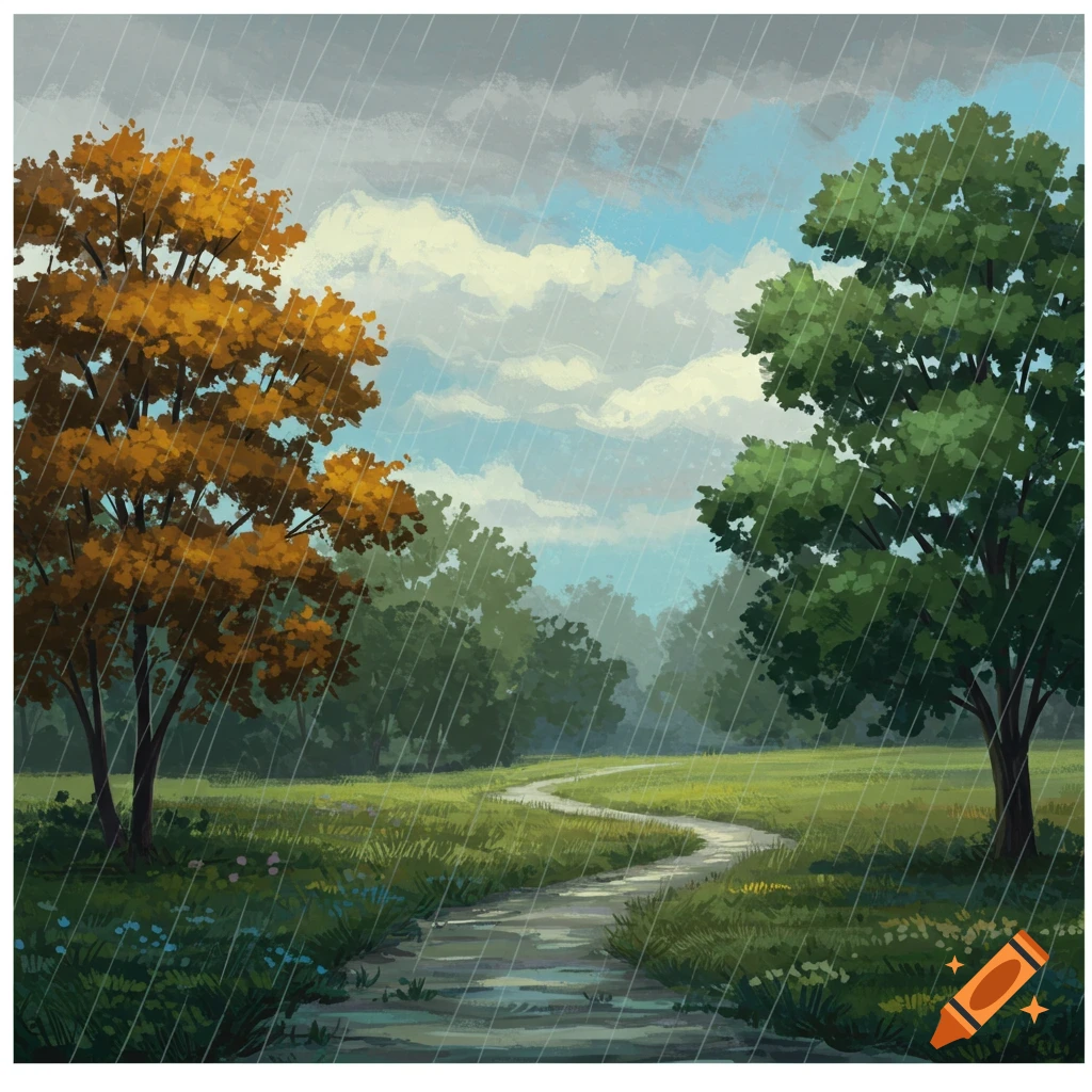 A rainy landscape with a path winding through trees.