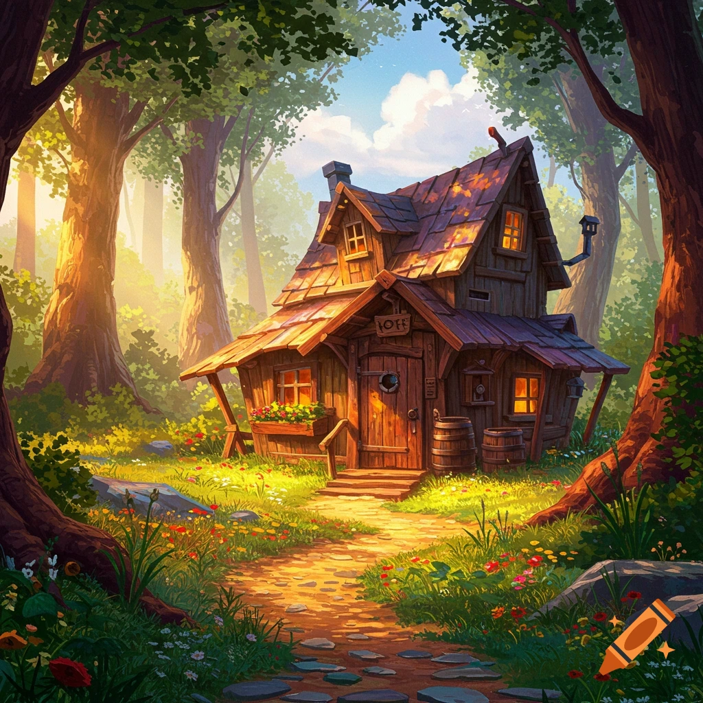 A charming, stylized wooden cottage sits in a sunny forest clearing with a path leading to the door. Digital art.