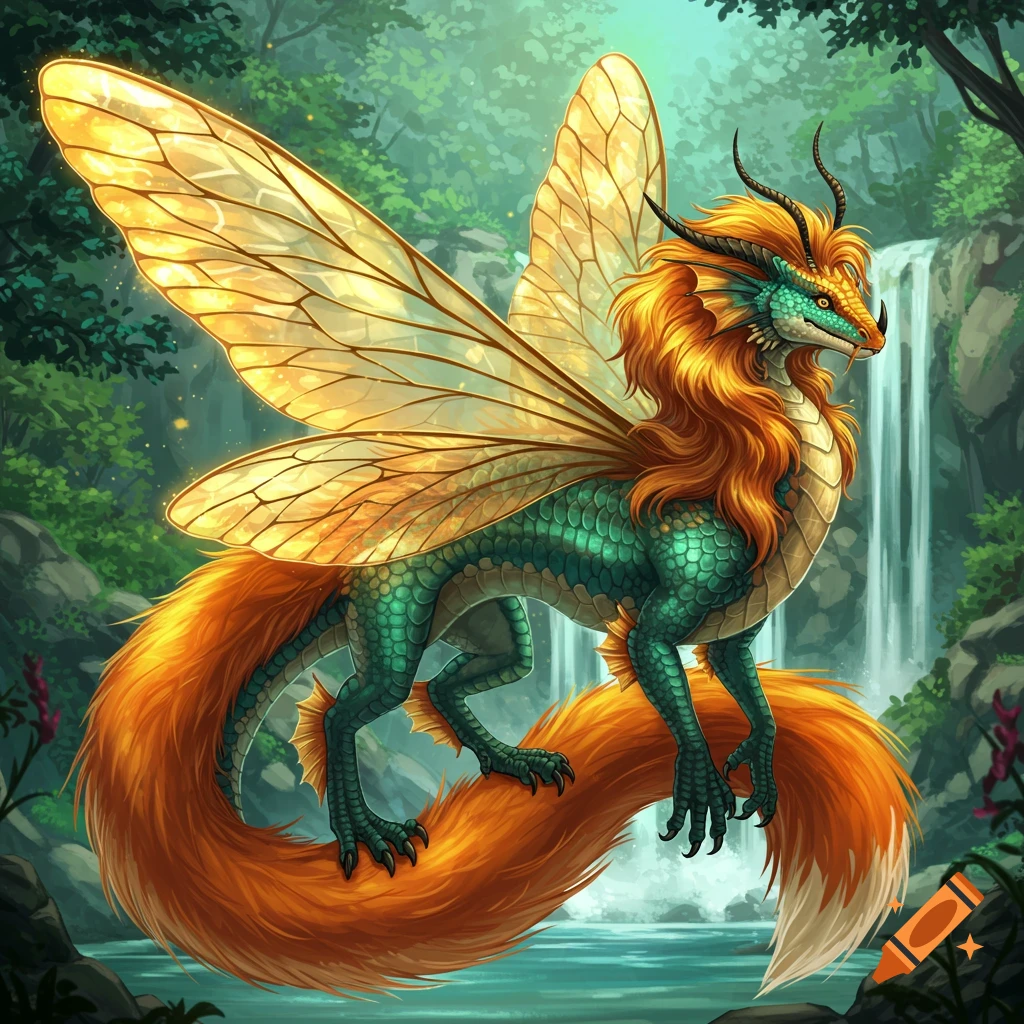 A fantasy creature with bee wings, a scaled body, a fox tail, and a lion's mane stands by a waterfall in a forest.