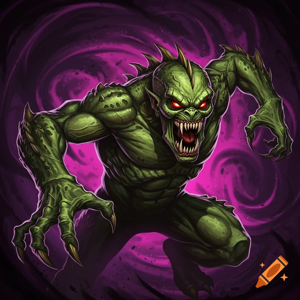 A green monster with sharp teeth and red eyes against a purple background.