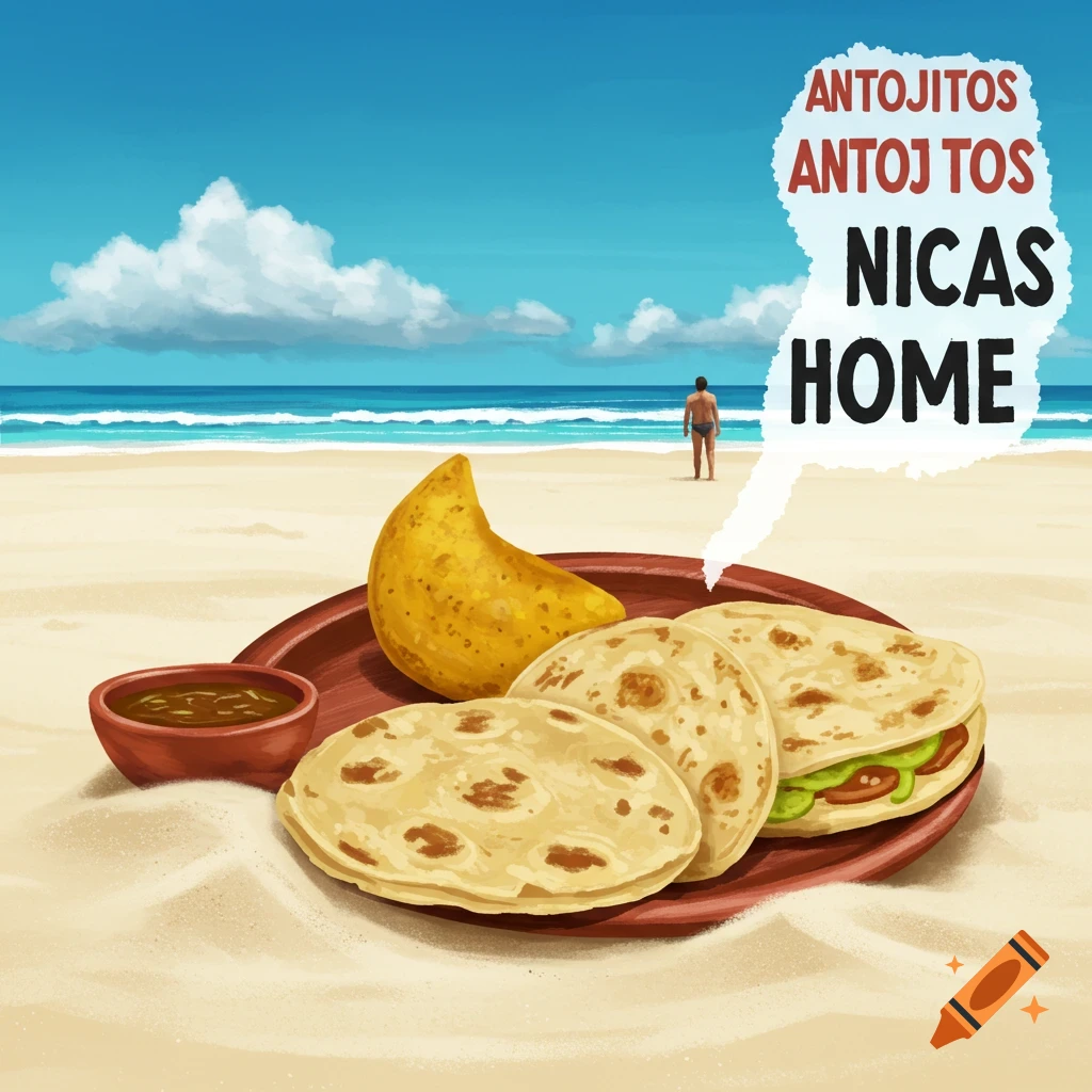 Food on a plate on a beach with text in a speech bubble.