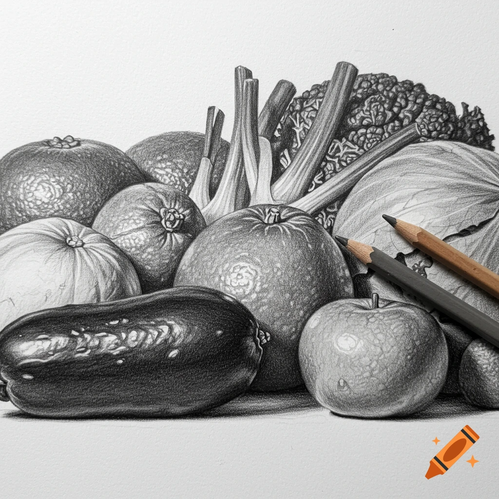 Pencil drawing of various fruits and vegetables including an eggplant, squash, apples, oranges, and cabbage with pencils in the foreground.