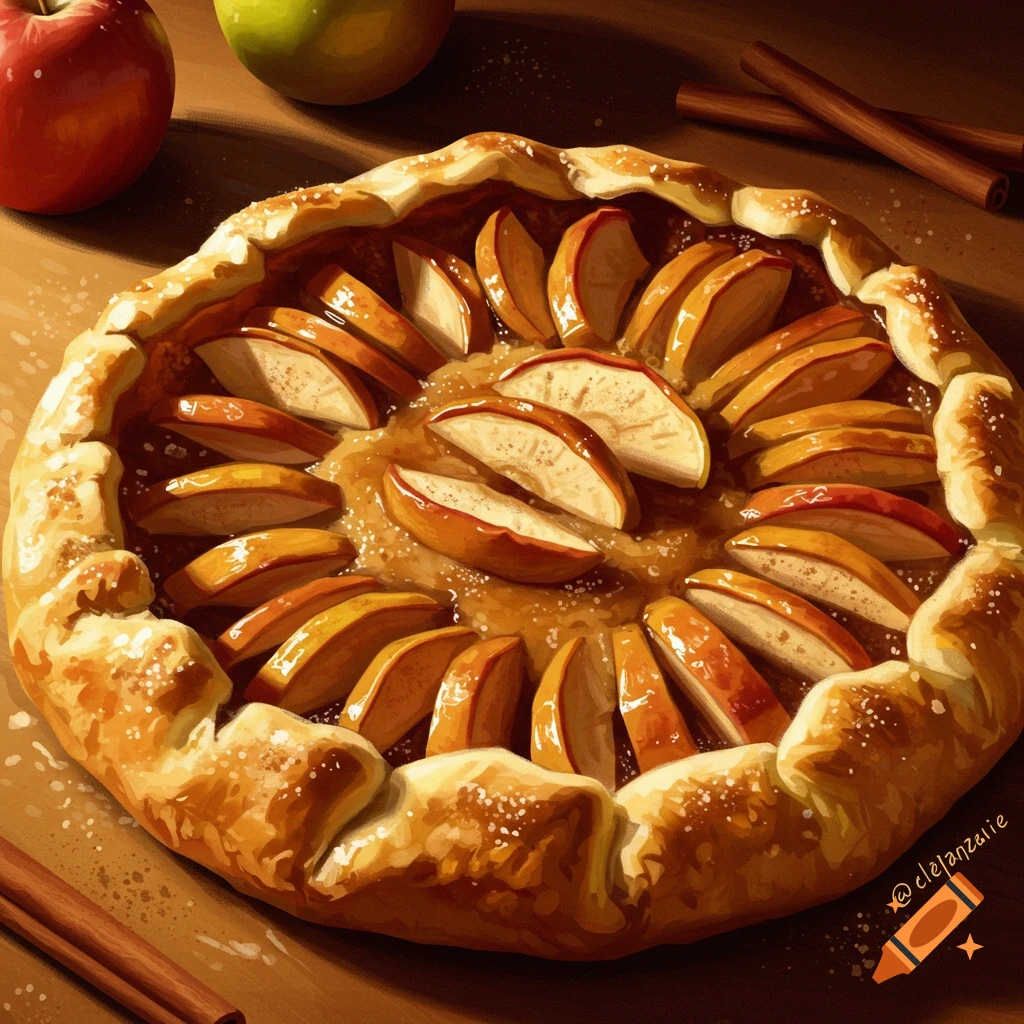 An apple galette or tart on a table with apples and cinnamon sticks.