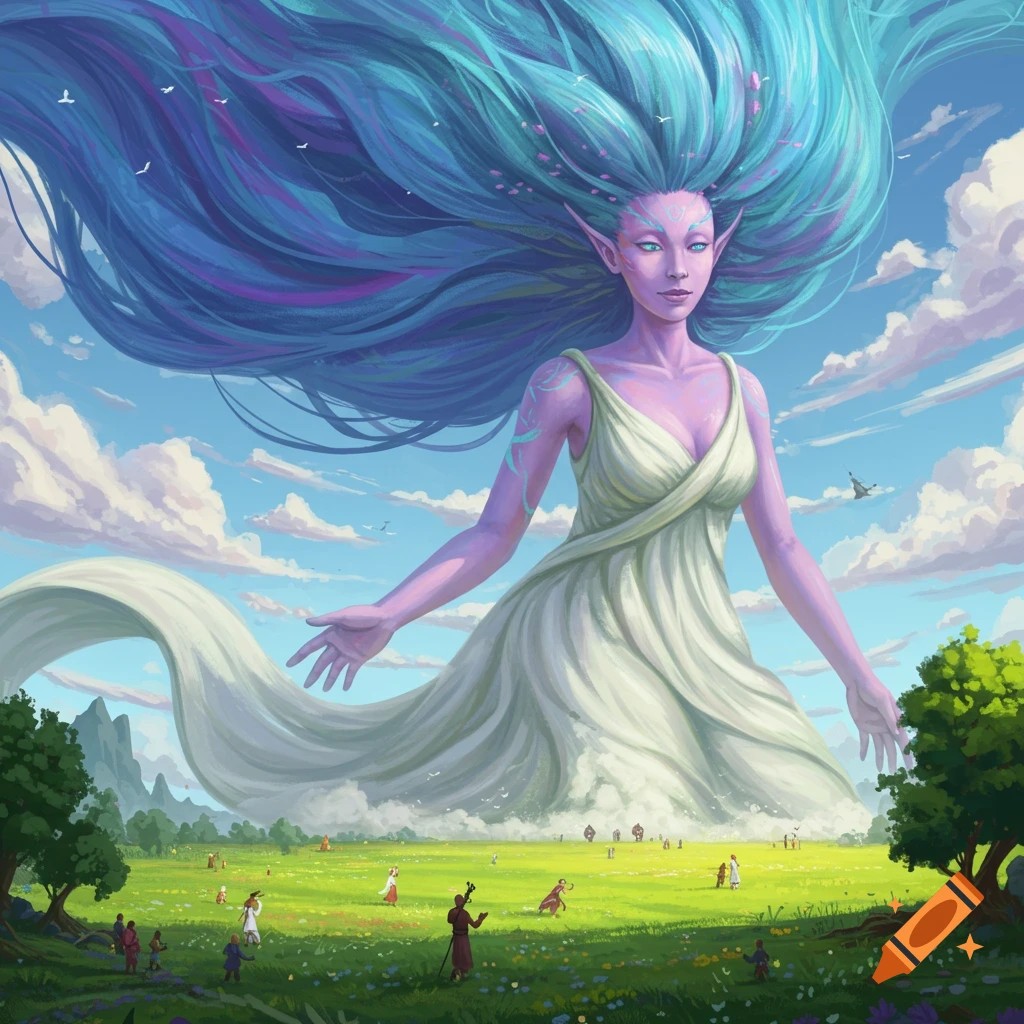A giant woman is floating over a field with small people below.