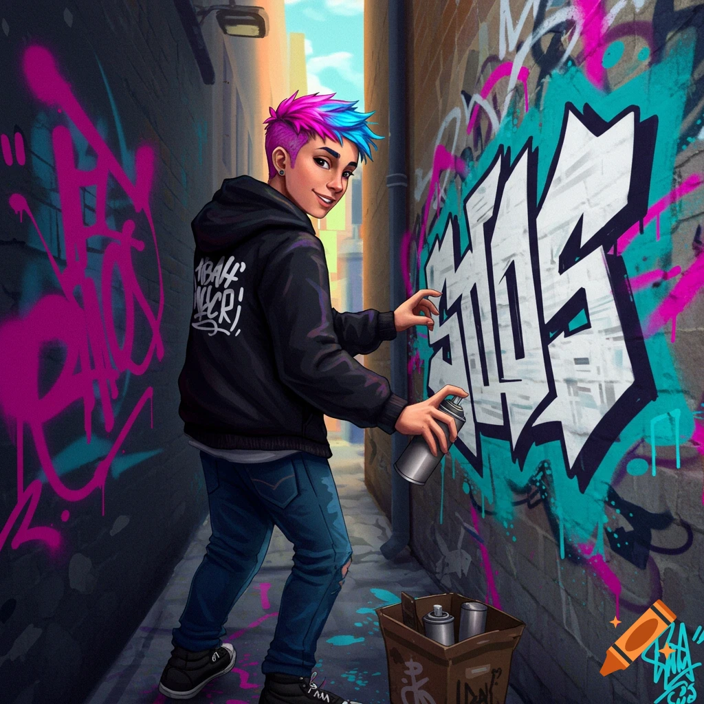 A person spray-painting graffiti on an alley wall.