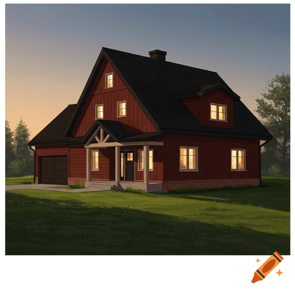 A dark red farmhouse with a black roof under a sunset sky.