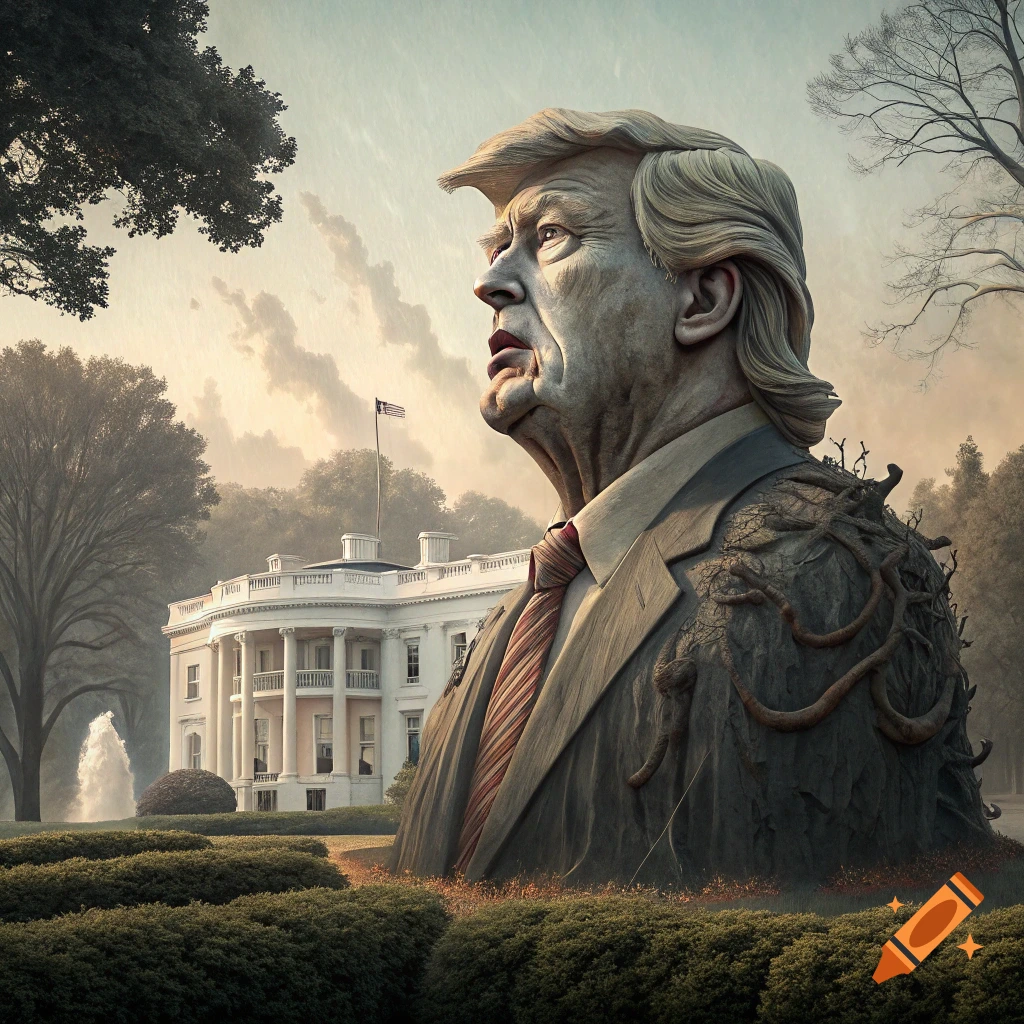Surreal sculpture of Donald Trump emerging from the ground near the White House.