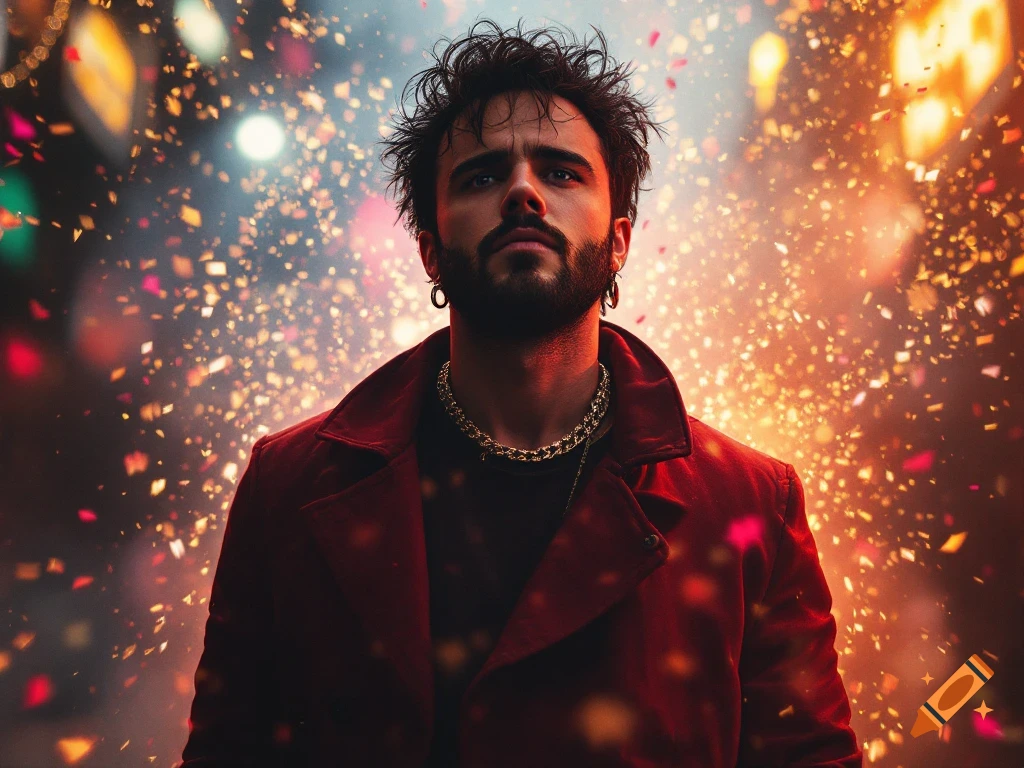 A man in a red jacket and gold chain looks up as confetti falls around him.