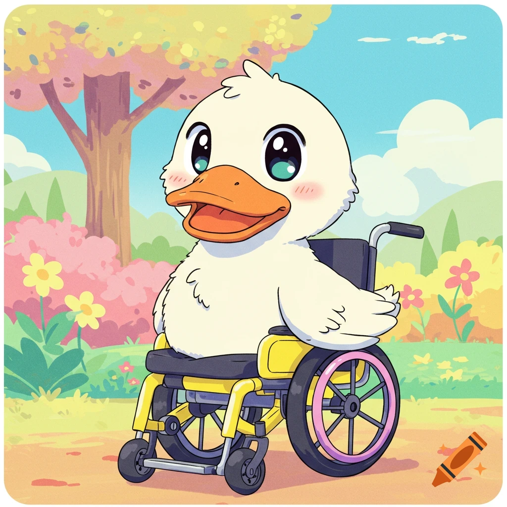 A cute cartoon duck sits in a wheelchair in an outdoor setting with trees and flowers, drawn in an anime style.