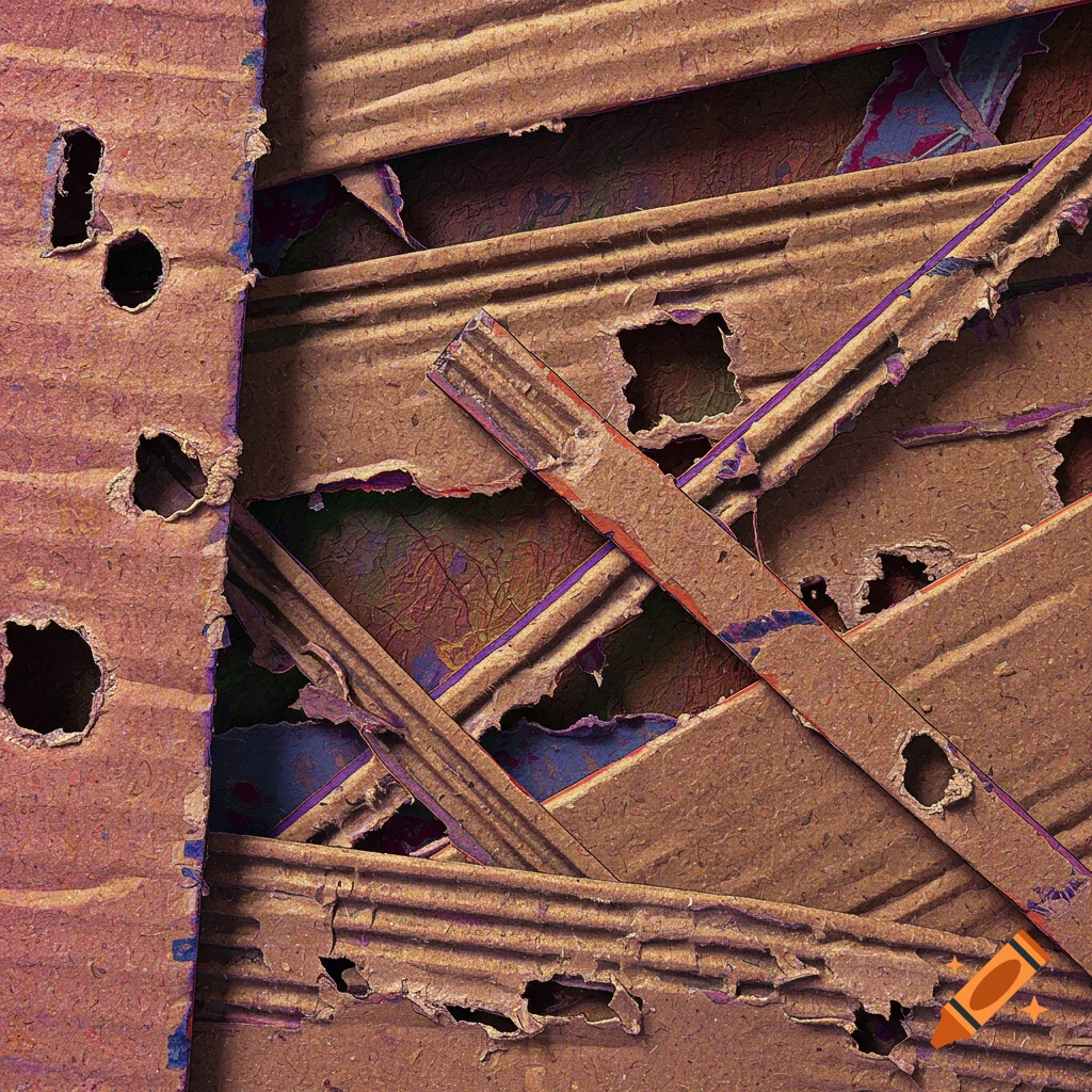 Torn and layered corrugated cardboard with holes
