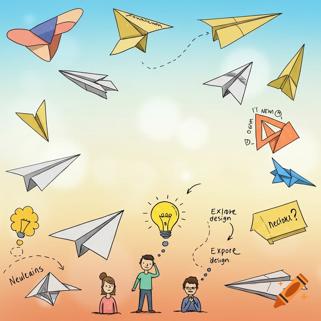 Cartoon illustration of people with ideas for paper airplanes flying around.