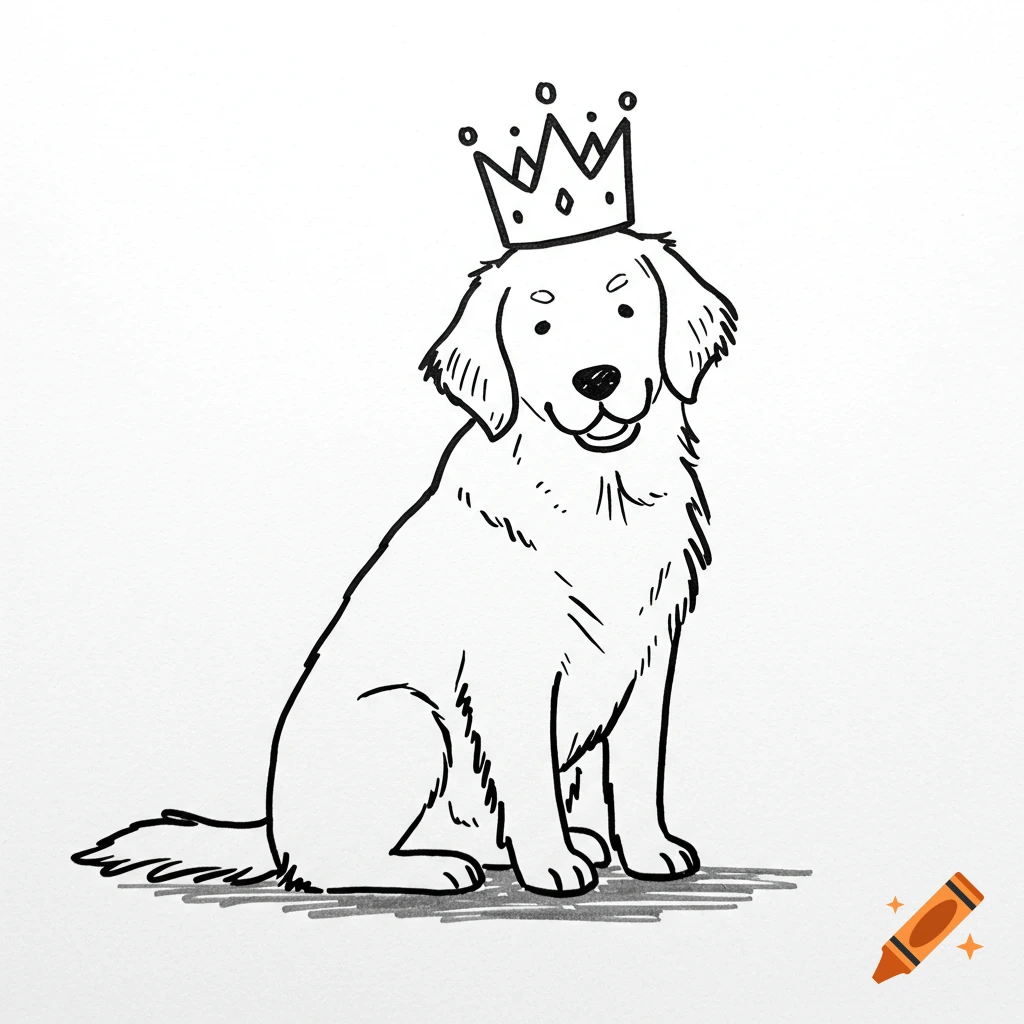 A simple black and white sketch of a dog wearing a crown.