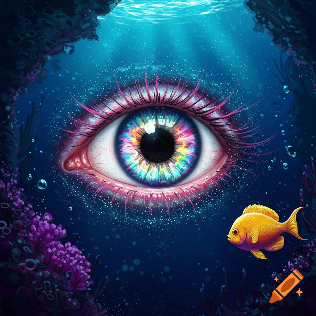 A large, colorful eye is seen underwater with a fish swimming nearby.