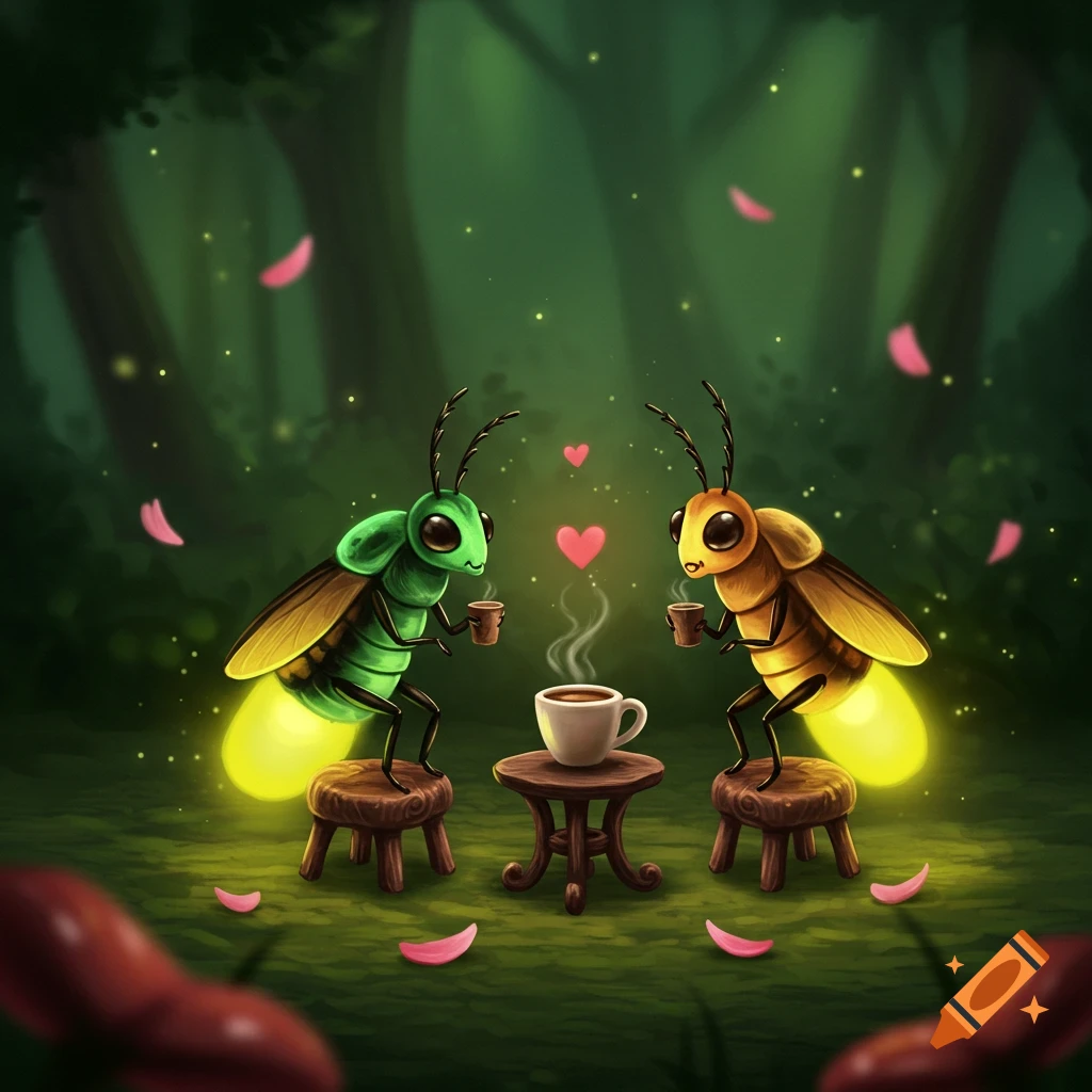Two cute fireflies sitting on stools drinking coffee in a forest.