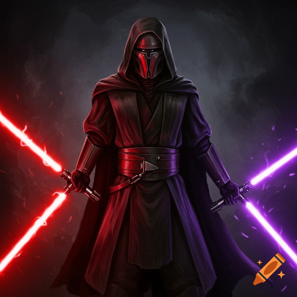 Darth Revan holding a red and purple lightsaber.