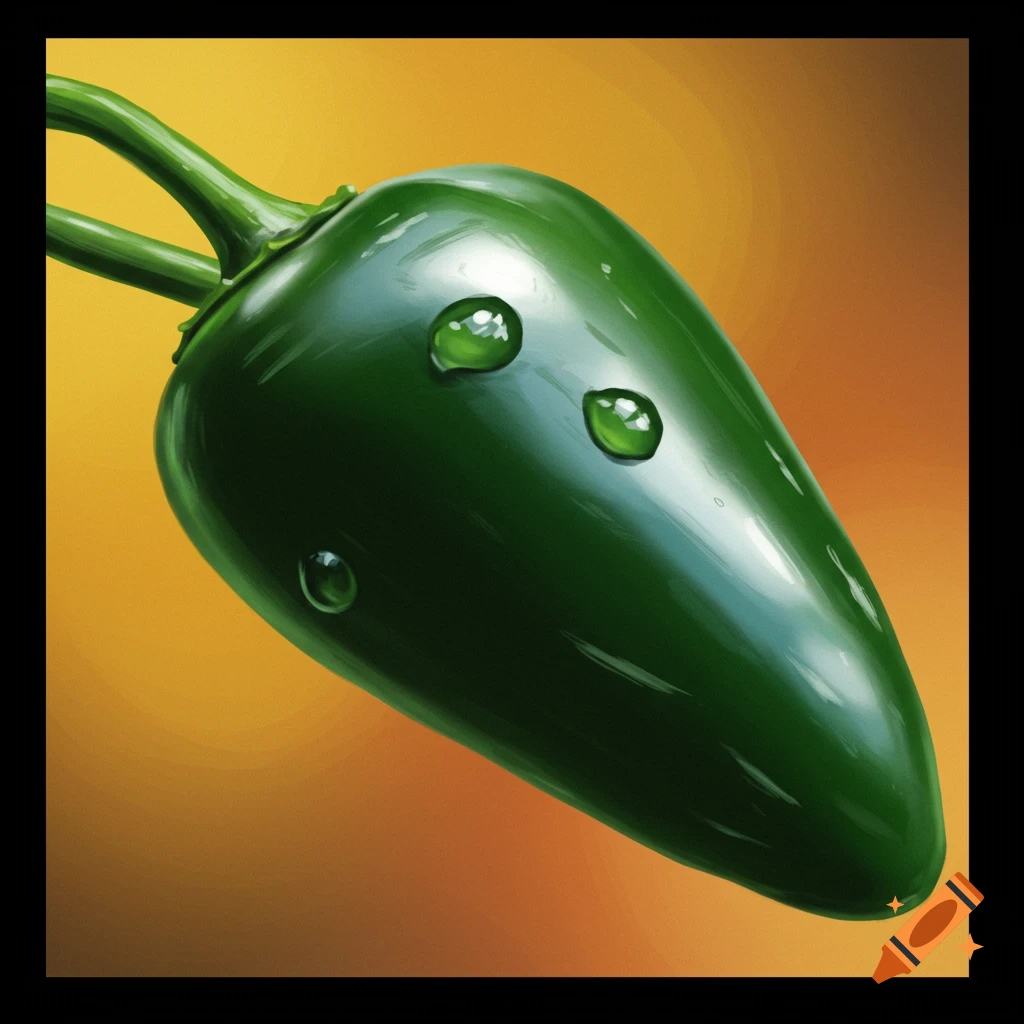 Close-up of a green jalapeno pepper with water droplets on an orange background.
