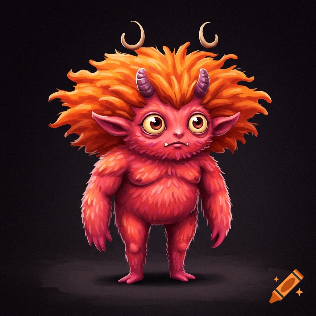 A cute pink monster with orange fluffy hair and horns.