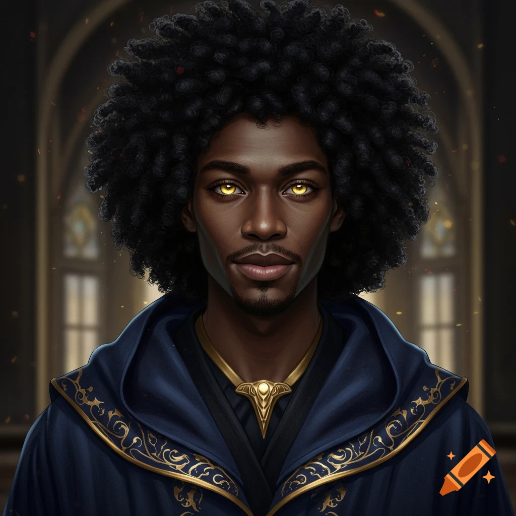 Portrait of a Black man with curly black hair, yellow eyes, wearing a blue fantasy hooded robe with gold trim.