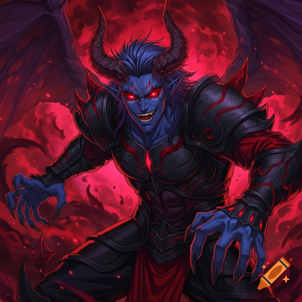 An anime illustration of a blue-skinned demon with red eyes, horns, and large bat-like wings, wearing dark armor against a red, smoky background.