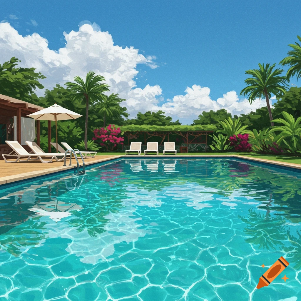 A tropical swimming pool with lounge chairs under a blue sky with clouds.