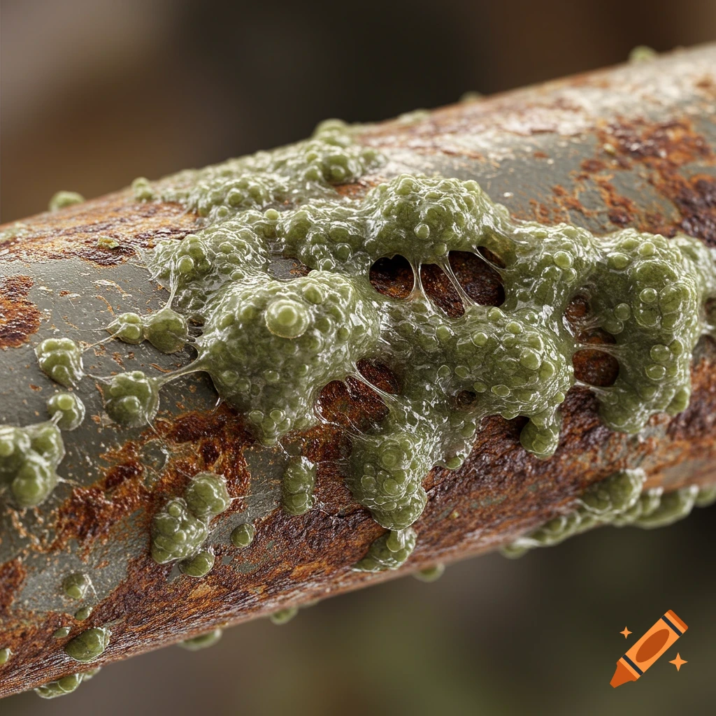 Close up of green biofilm growing on rusty metal equipment. Photorealistic style.