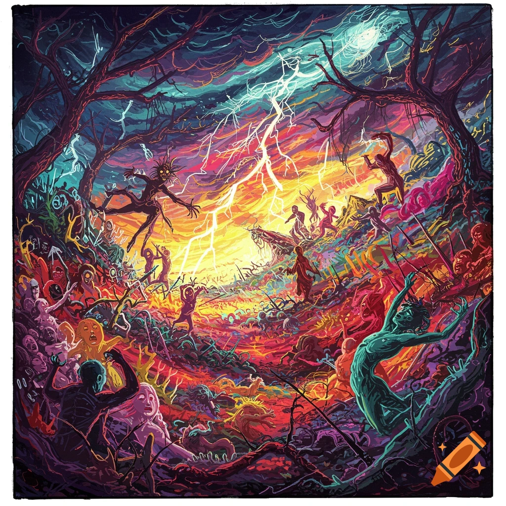 A chaotic landscape with distorted figures, trees, and lightning.